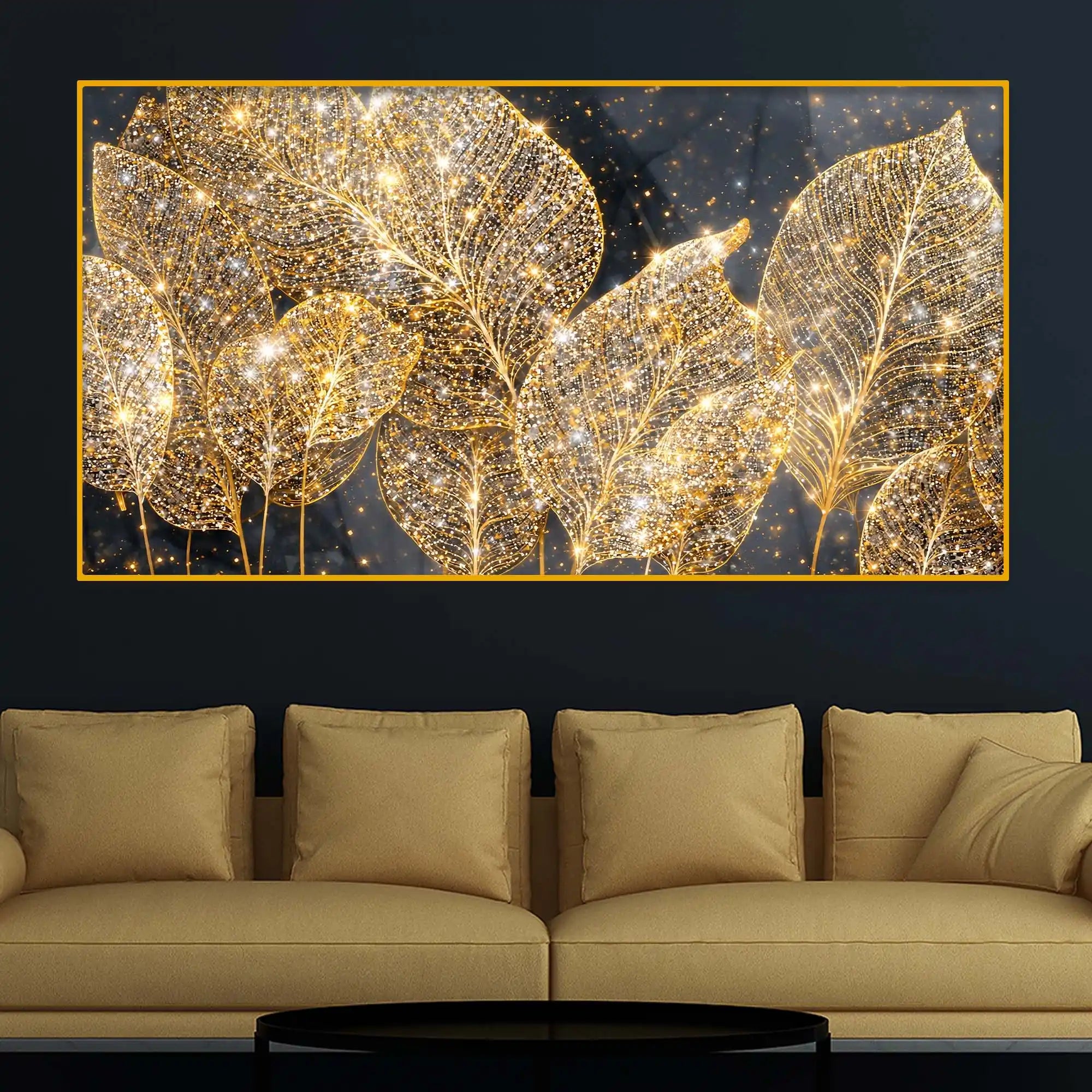 Luxury Golden Leaf Crystal Glass Wall Painting for Modern Wall Décor