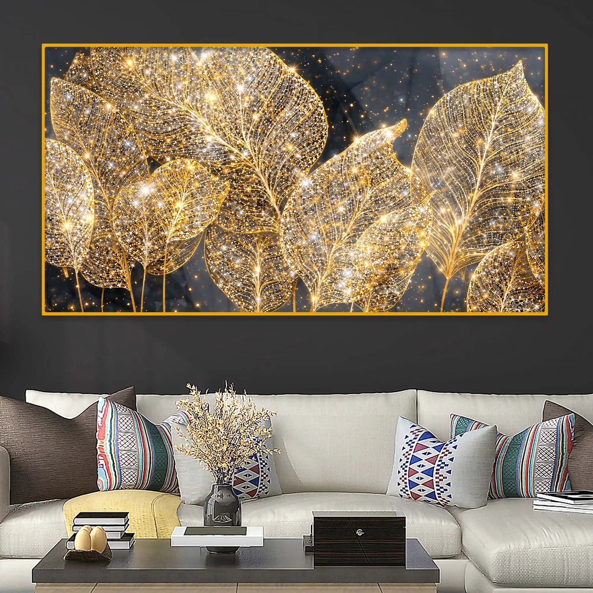 Luxury Golden Leaf Crystal Glass Wall Painting for Modern Wall Décor