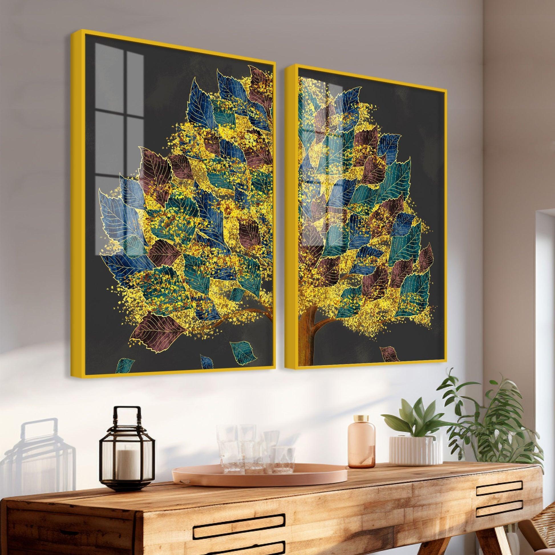 Luxury Golden Shiny Tufted Leaves Tree Acrylic Floating Wall Painting Set Of 2 - Decor Smart