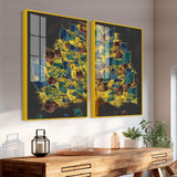 Luxury Golden Shiny Tufted Leaves Tree Acrylic Floating Wall Painting Set Of 2 - Decor Smart