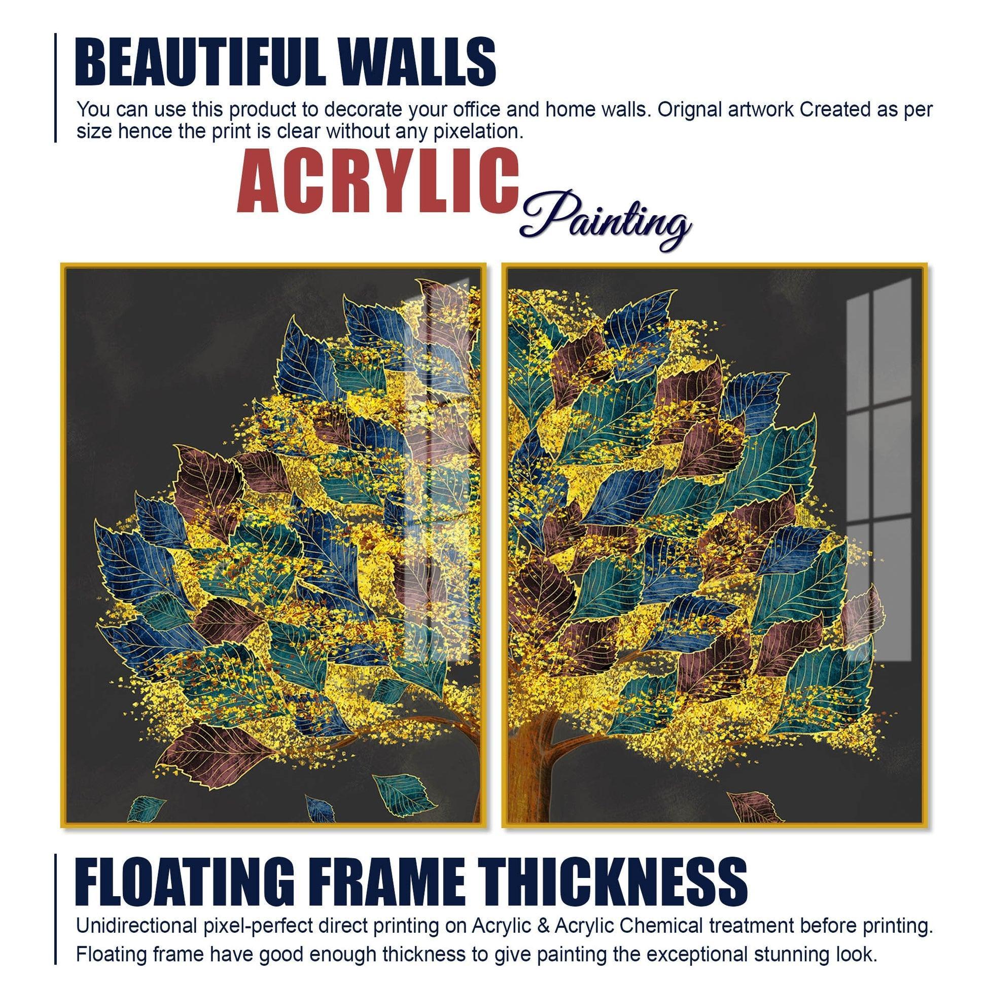 Luxury Golden Shiny Tufted Leaves Tree Acrylic Floating Wall Painting Set Of 2 - Decor Smart