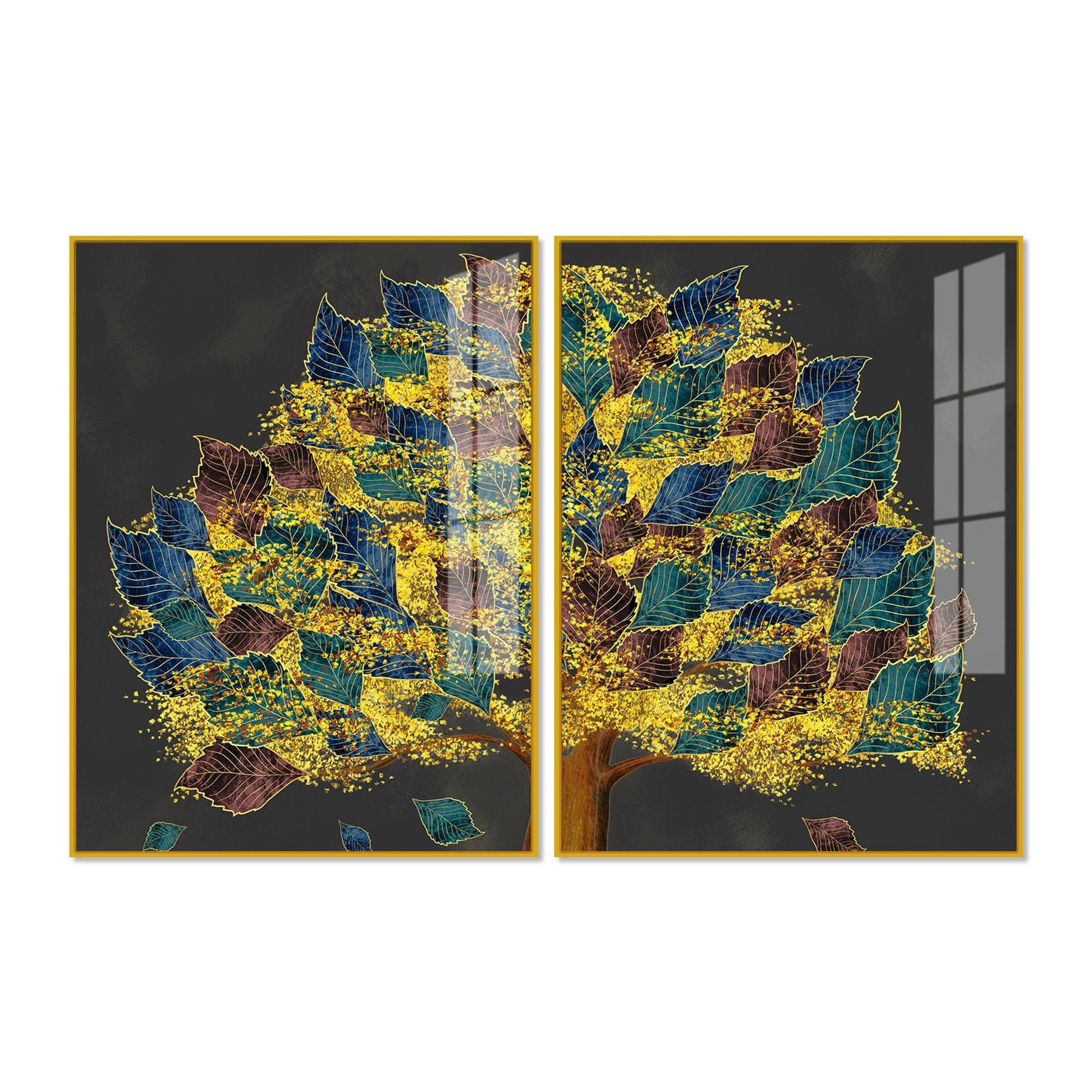 Luxury Golden Shiny Tufted Leaves Tree Acrylic Floating Wall Painting Set Of 2 - Decor Smart