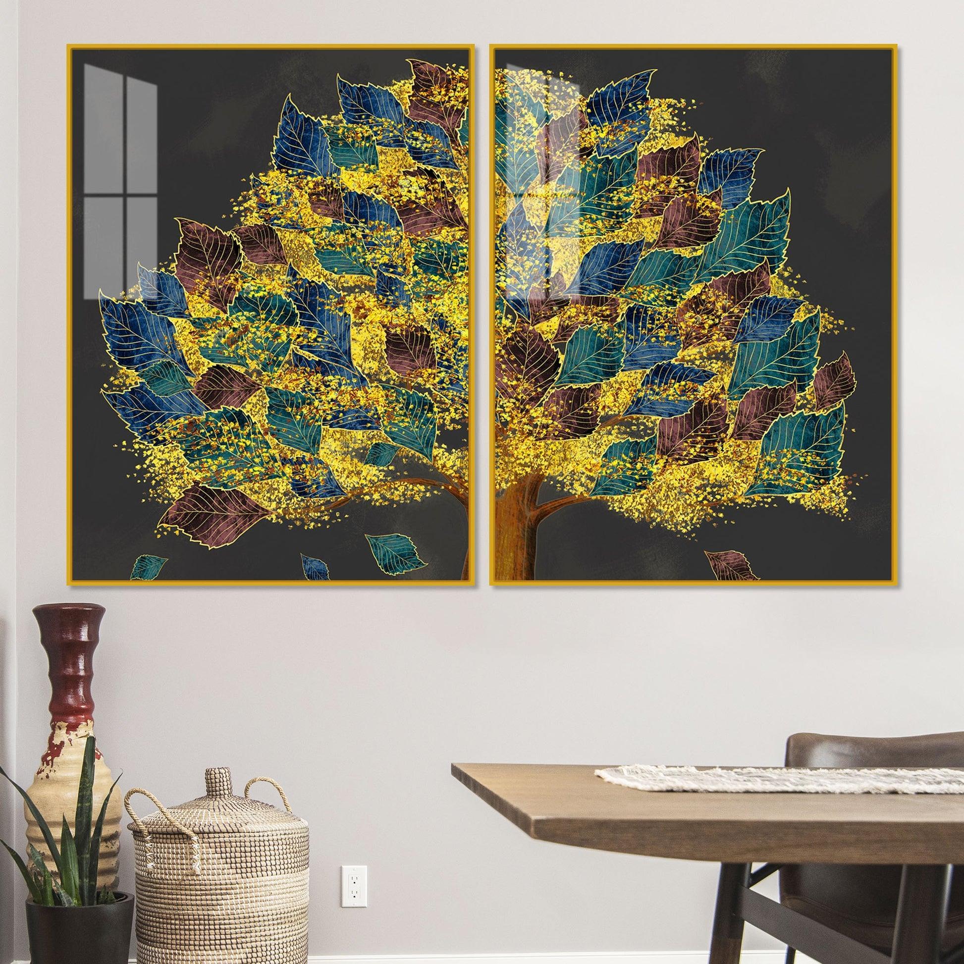 Luxury Golden Shiny Tufted Leaves Tree Acrylic Floating Wall Painting Set Of 2 - Decor Smart