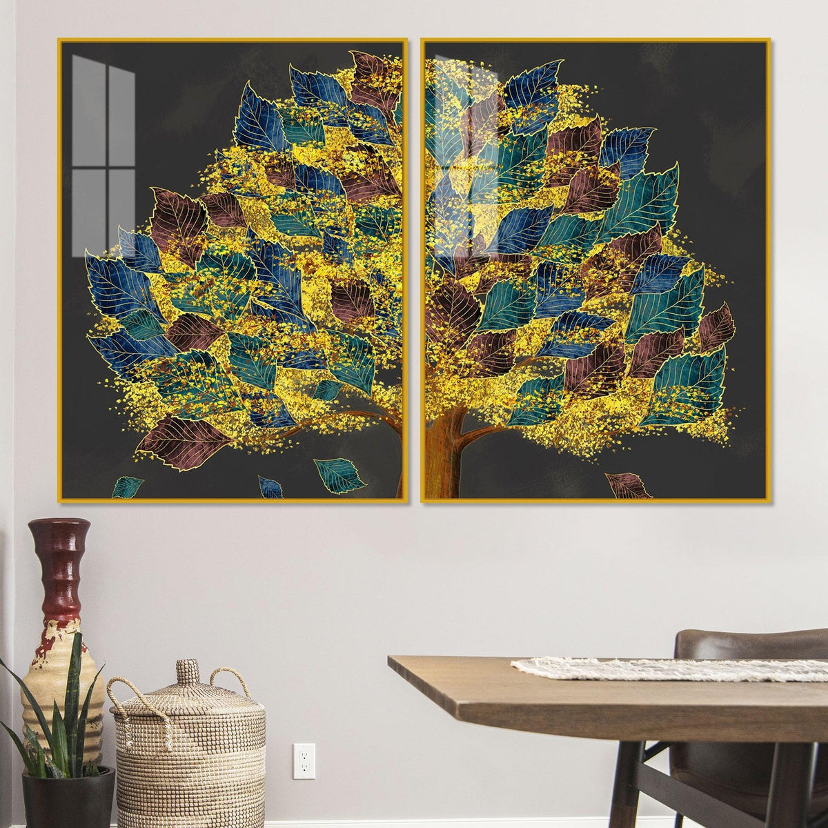 Luxury Golden Shiny Tufted Leaves Tree Acrylic Floating Wall Painting Set Of 2 - Decor Smart