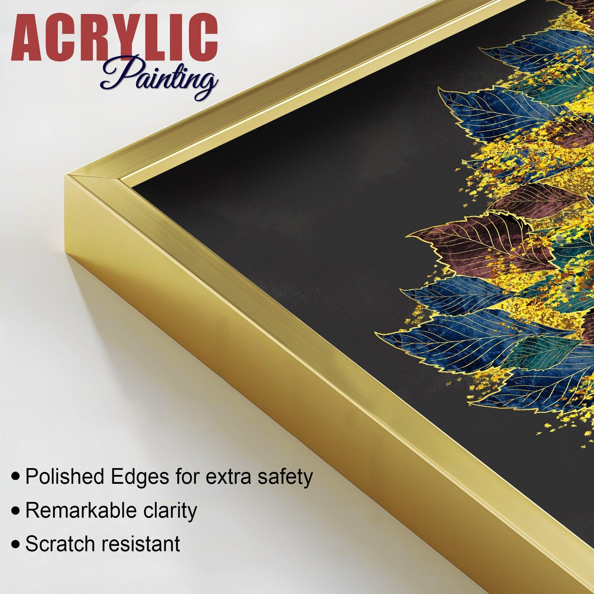 Luxury Golden Shiny Tufted Leaves Tree Acrylic Floating Wall Painting Set Of 2 - Decor Smart