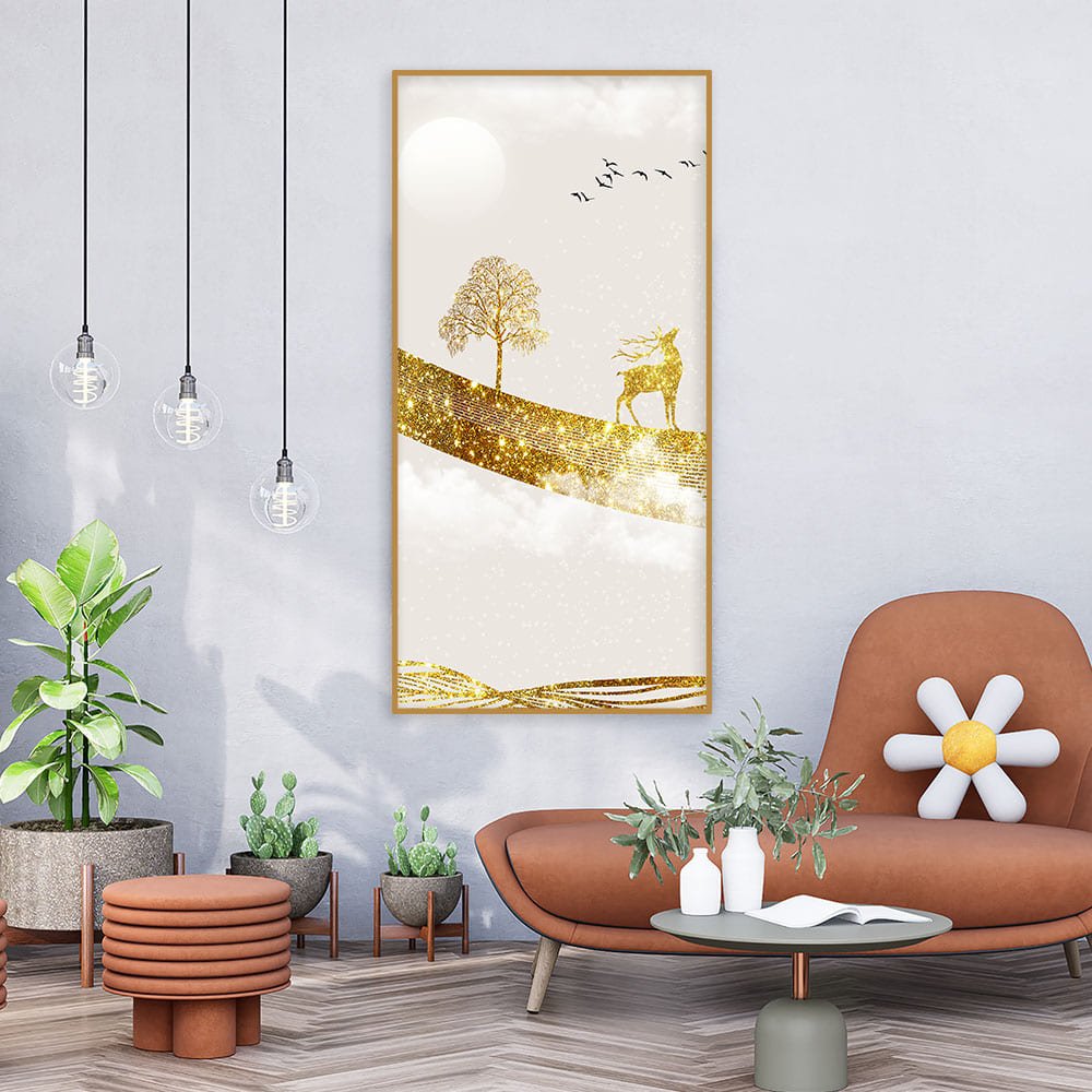 Luxury Golden Tree with Deer and Flying Birds Premium Canvas Wall Painting - Decor Smart