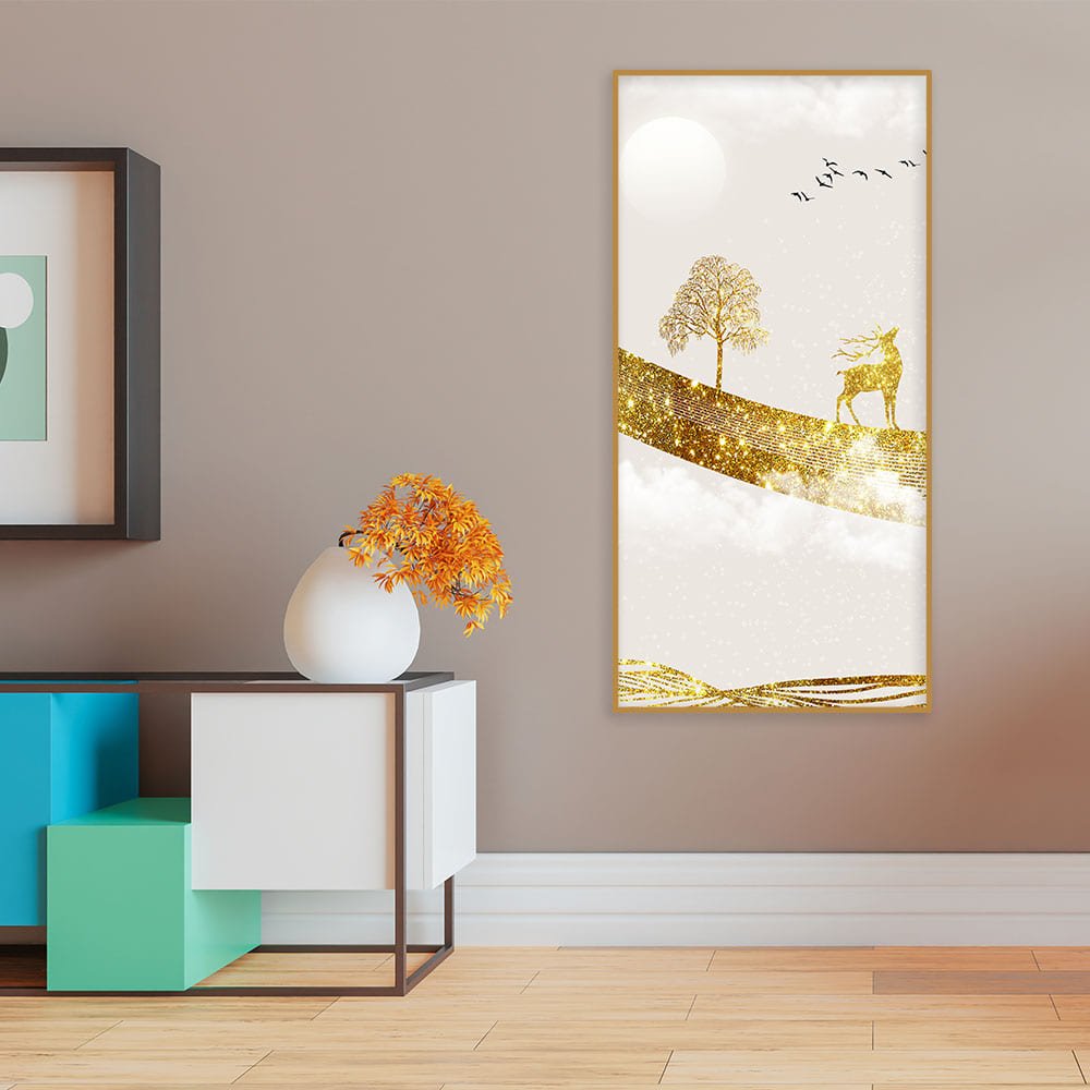Luxury Golden Tree with Deer and Flying Birds Premium Canvas Wall Painting - Decor Smart
