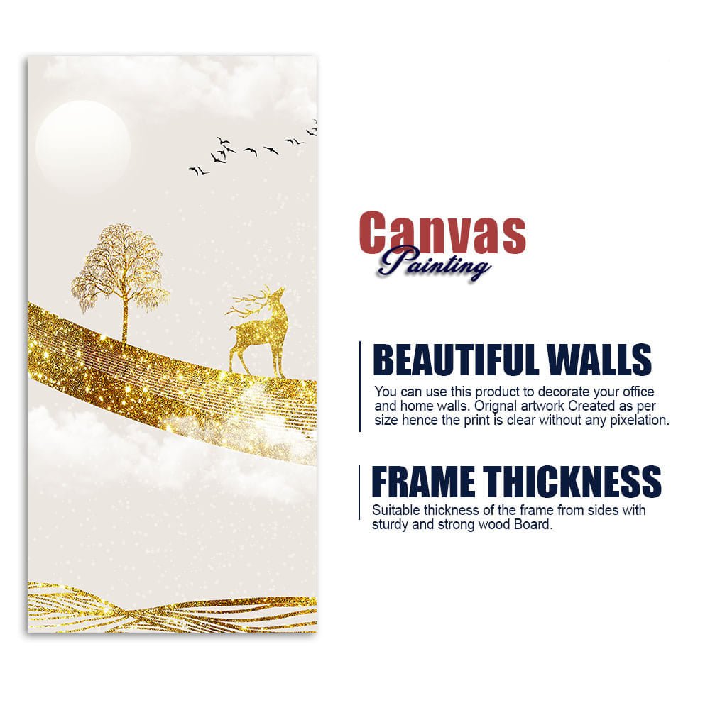Luxury Golden Tree with Deer and Flying Birds Premium Canvas Wall Painting - Decor Smart