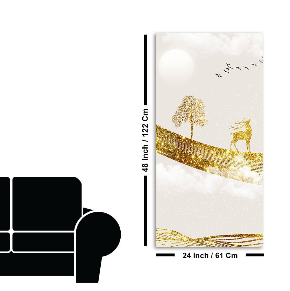 Luxury Golden Tree with Deer and Flying Birds Premium Canvas Wall Painting - Decor Smart
