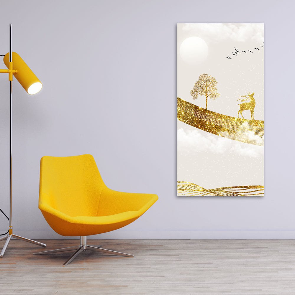 Luxury Golden Tree with Deer and Flying Birds Premium Canvas Wall Painting - Decor Smart