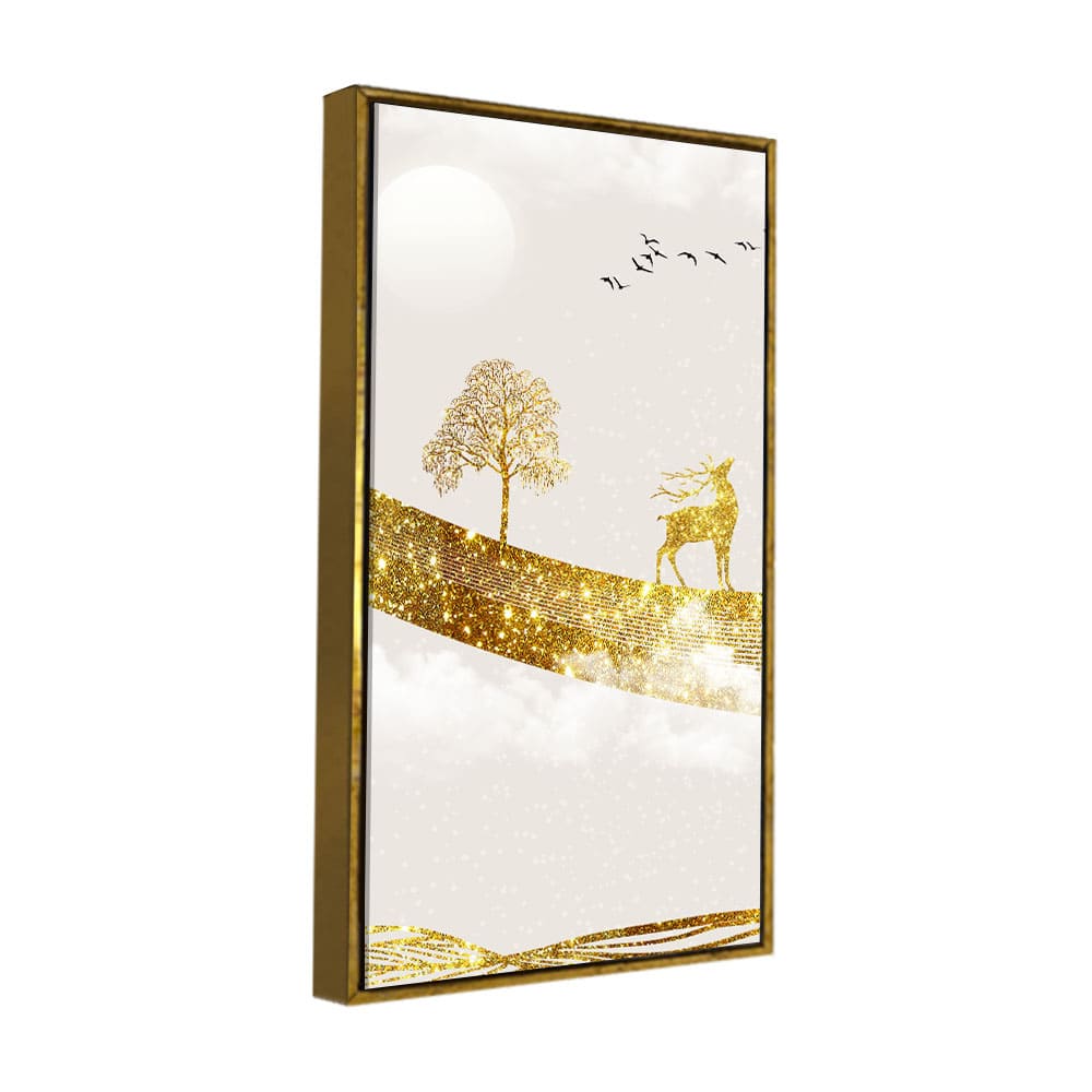 Luxury Golden Tree with Deer and Flying Birds Premium Canvas Wall Painting - Decor Smart