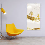 Luxury Golden Tree with Deer and Flying Birds Premium Canvas Wall Painting