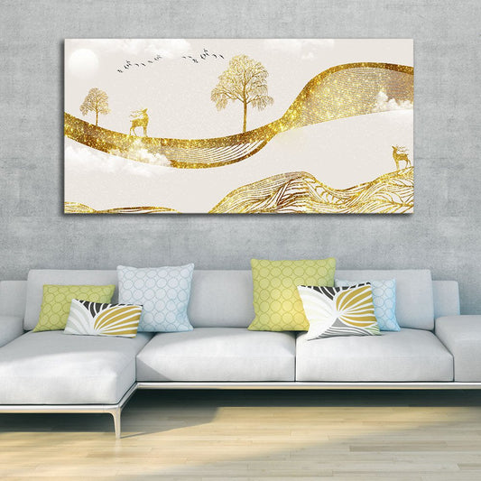 Luxury Golden Tree with Deer Premium Canvas Wall Painting - Decor Smart