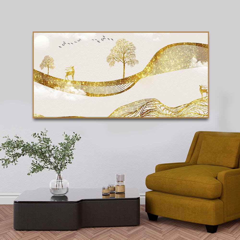 Luxury Golden Tree with Deer Premium Canvas Wall Painting - Decor Smart