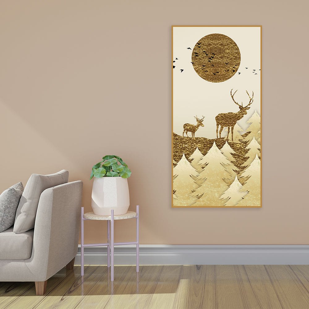 Luxury Golden Tree with Two Deer Premium Canvas Wall Painting - Decor Smart