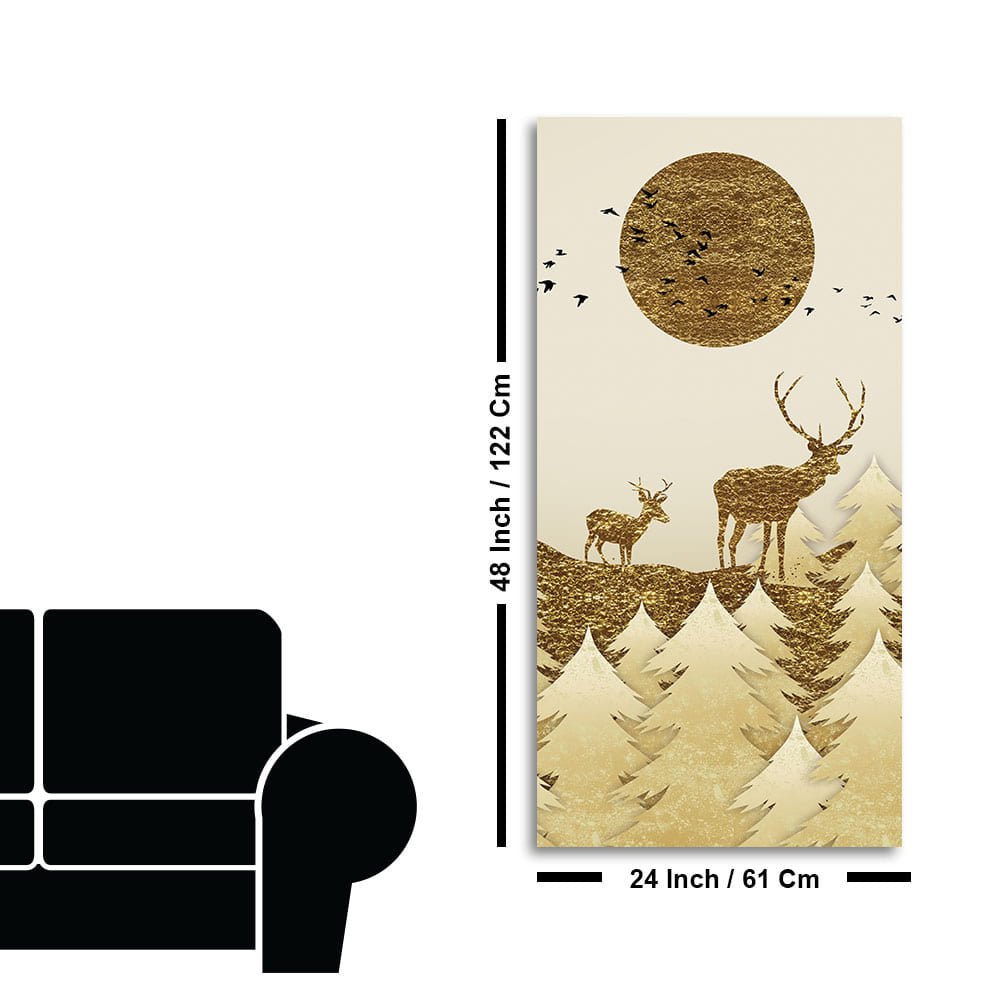 Luxury Golden Tree with Two Deer Premium Canvas Wall Painting - Decor Smart