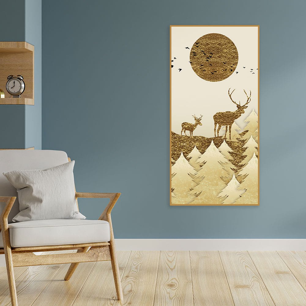 Luxury Golden Tree with Two Deer Premium Canvas Wall Painting - Decor Smart
