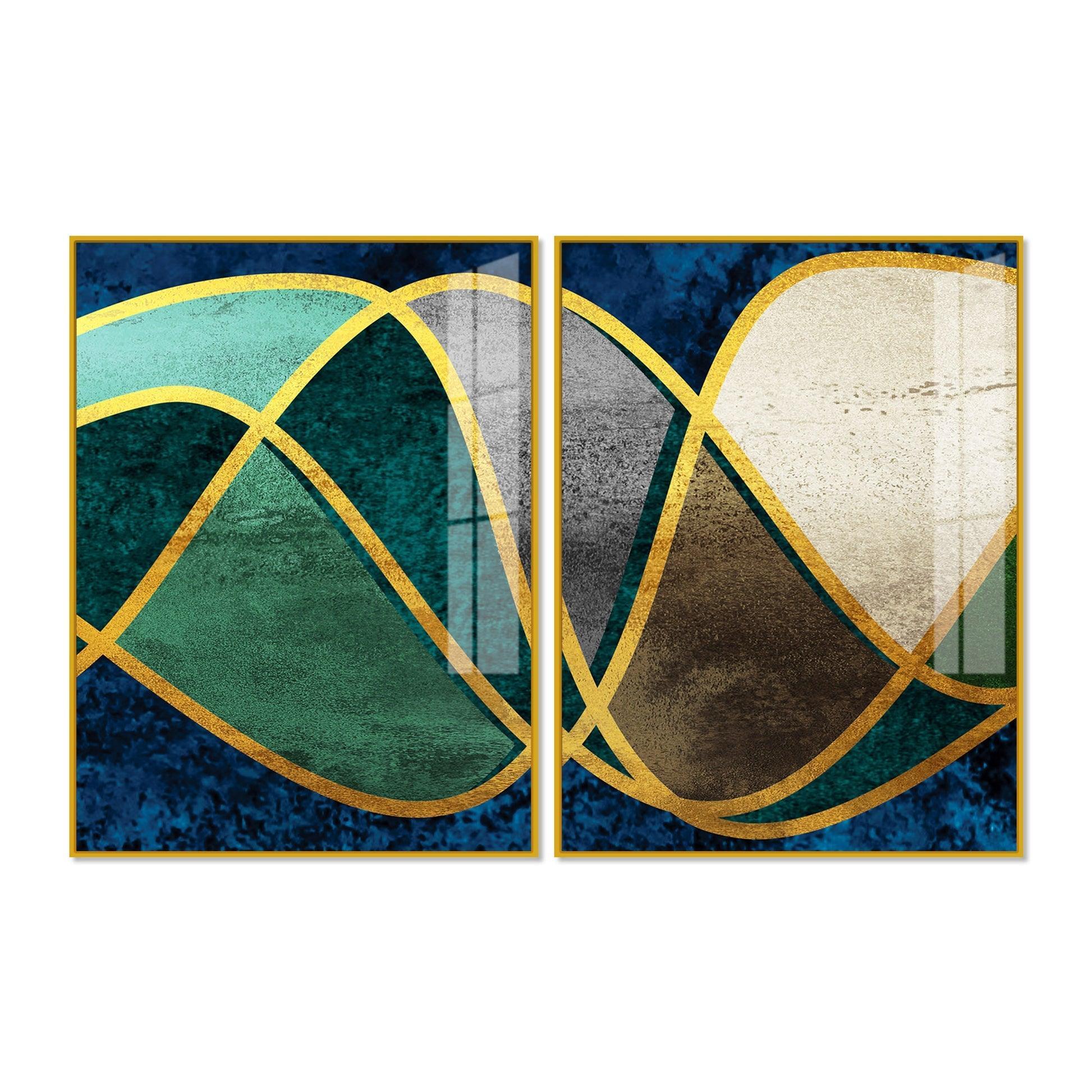 Luxury Golden Waves Line Art Premium Acrylic Floating Wall Painting Set Of 2 - Decor Smart