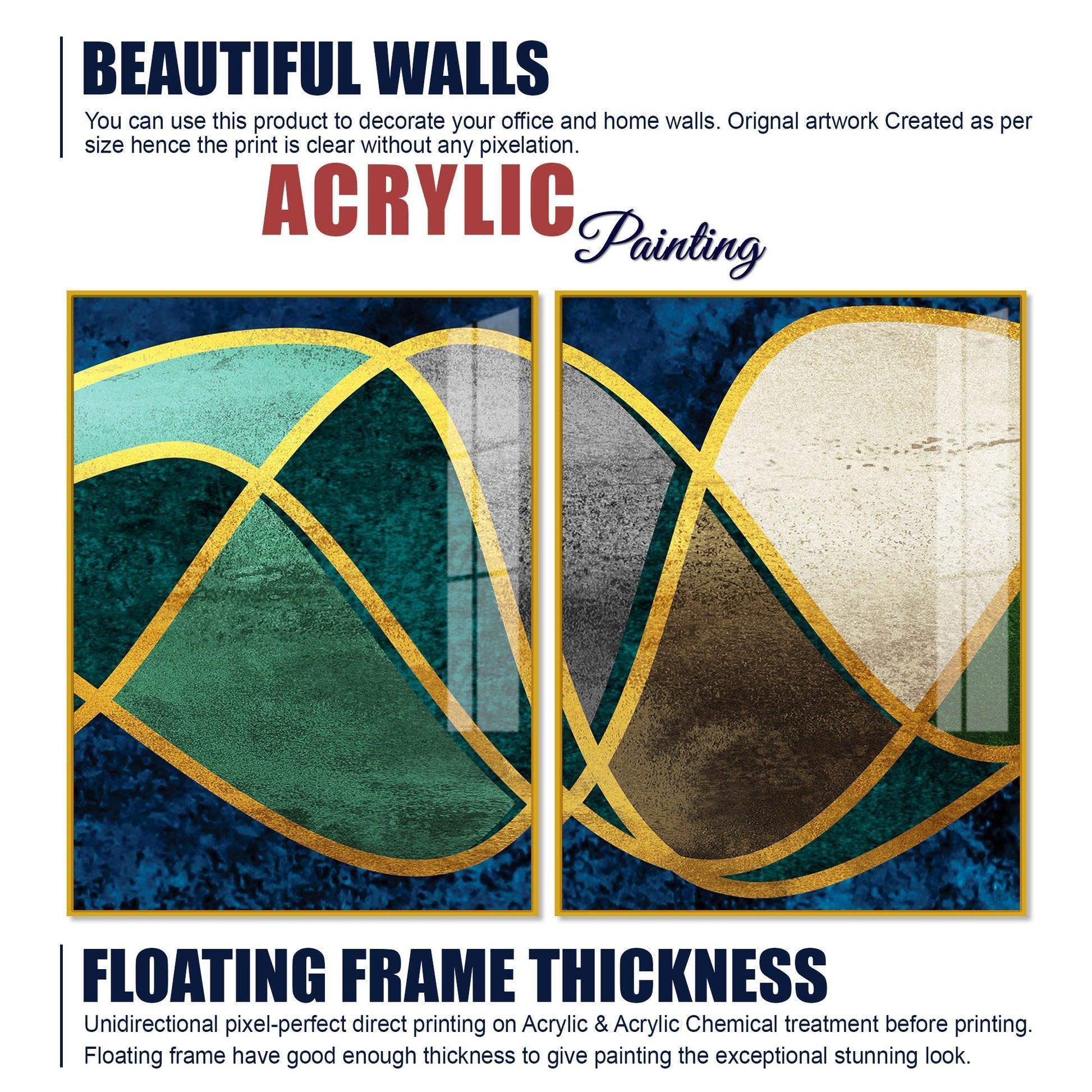 Luxury Golden Waves Line Art Premium Acrylic Floating Wall Painting Set Of 2 - Decor Smart