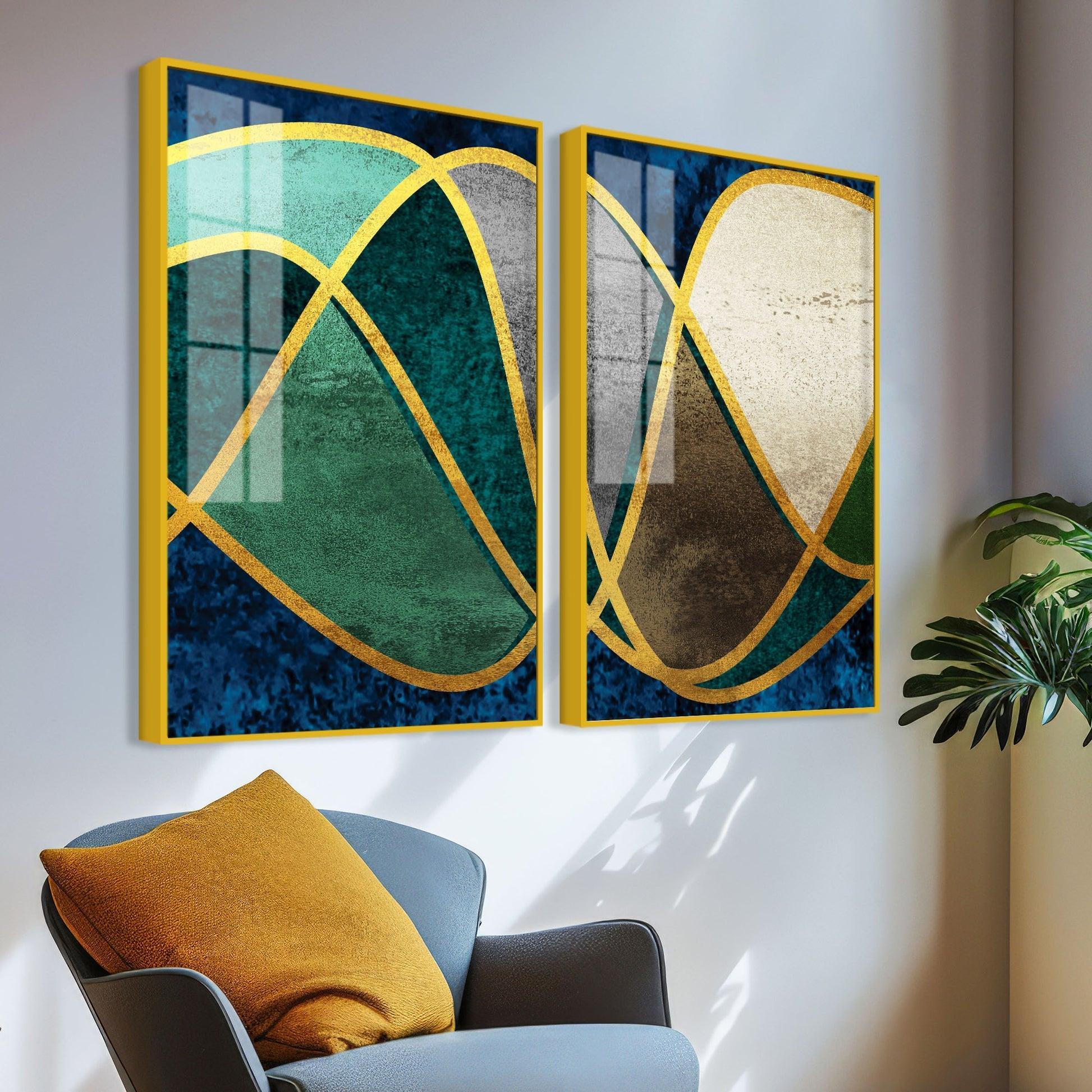 Luxury Golden Waves Line Art Premium Acrylic Floating Wall Painting Set Of 2 - Decor Smart