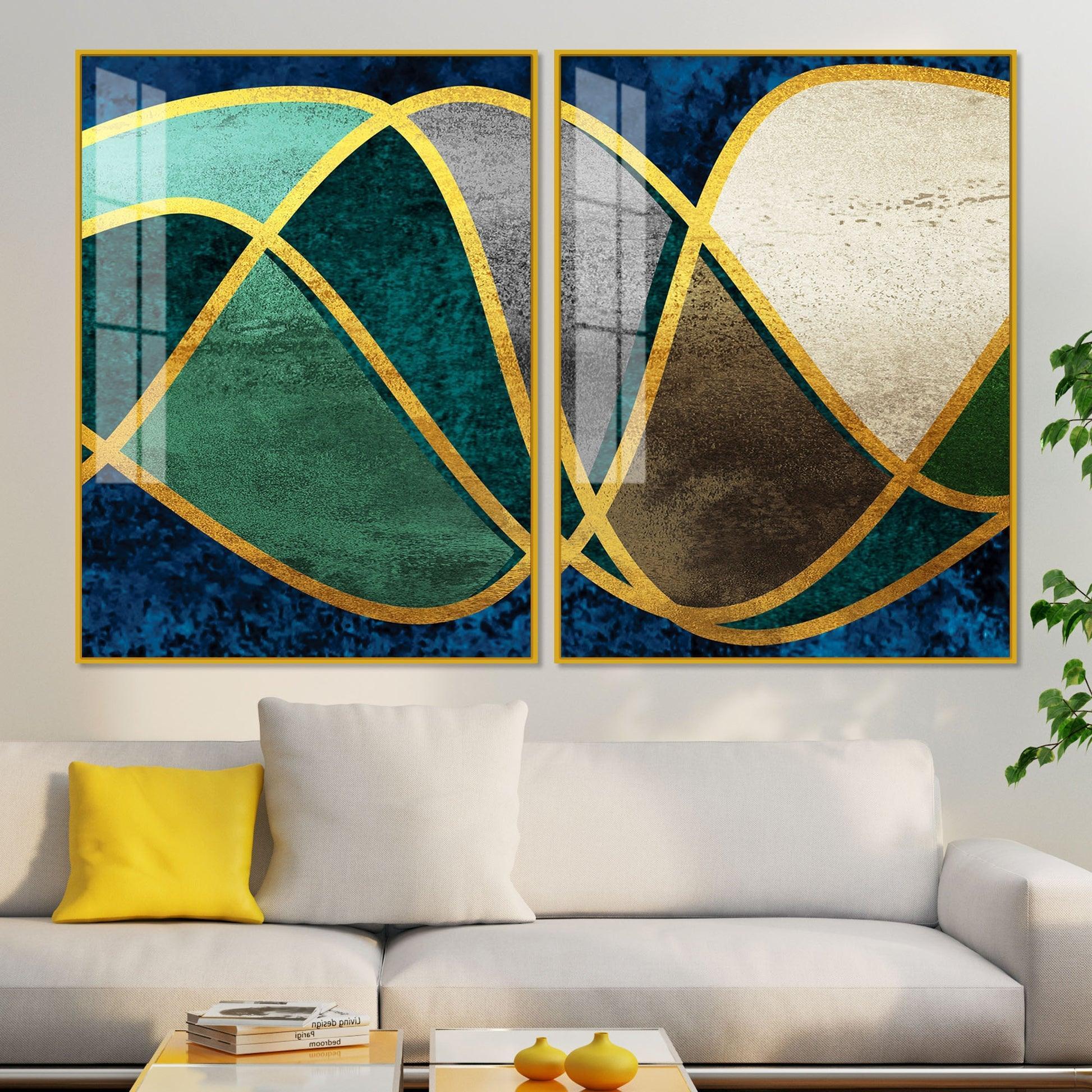 Luxury Golden Waves Line Art Premium Acrylic Floating Wall Painting Set Of 2 - Decor Smart