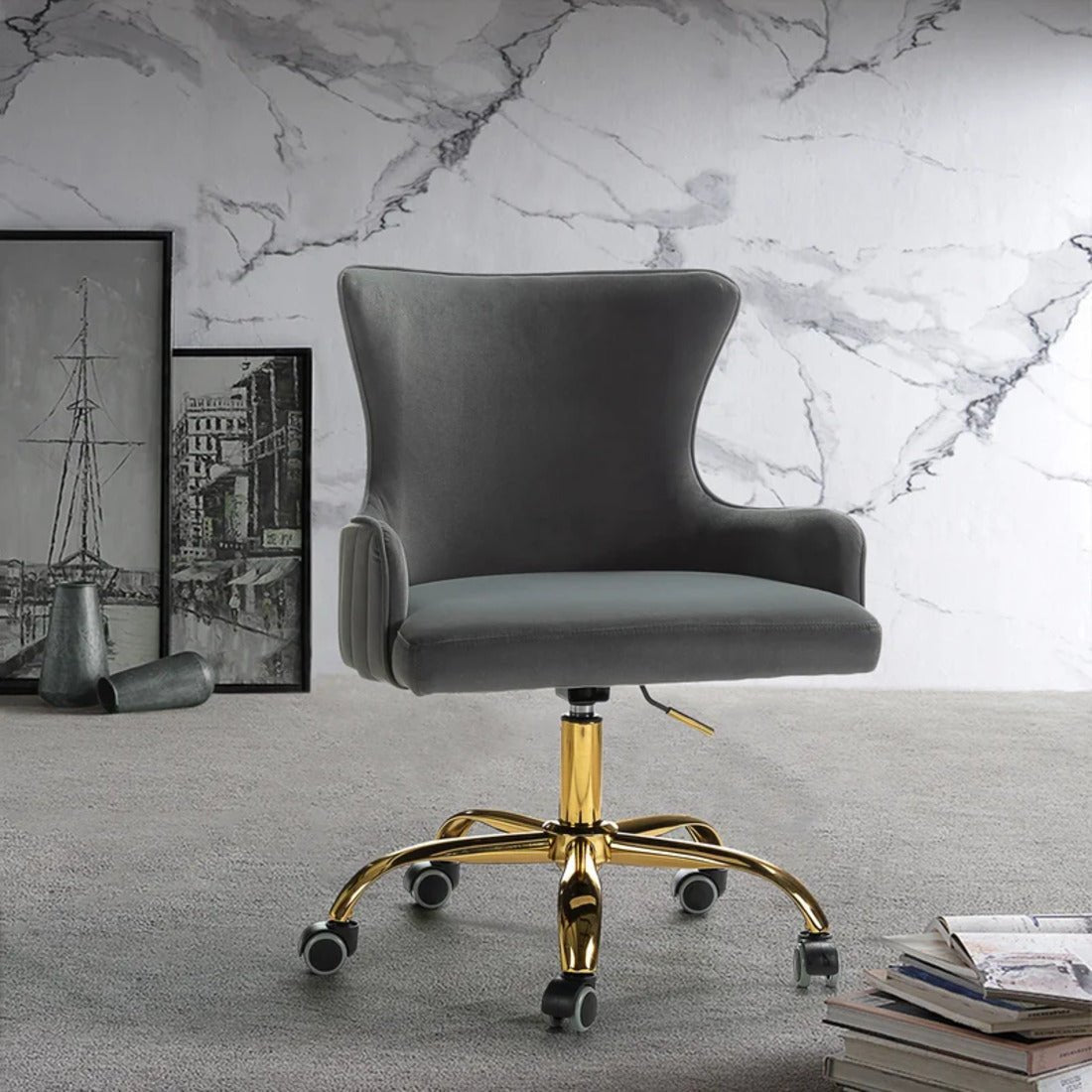 Luxury Grey Color Velvet Armchair with Golden Base - Decor Smart