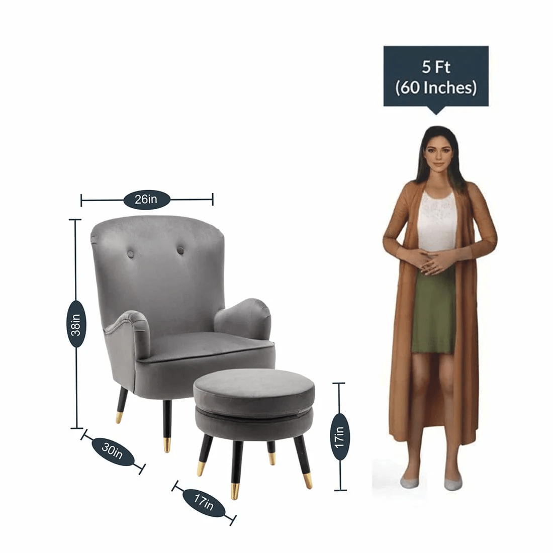 Luxury Grey Velvet Comfy Lounge Chair with Ottoman - Decor Smart