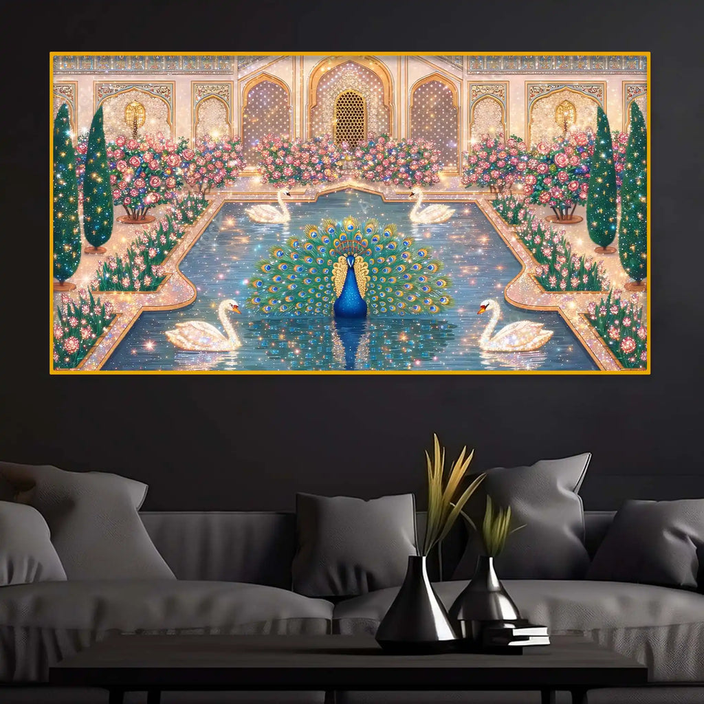 Luxury Indian Royal Palace Peacock Artwork Crystal Glass Wall Painting for Home Decoration