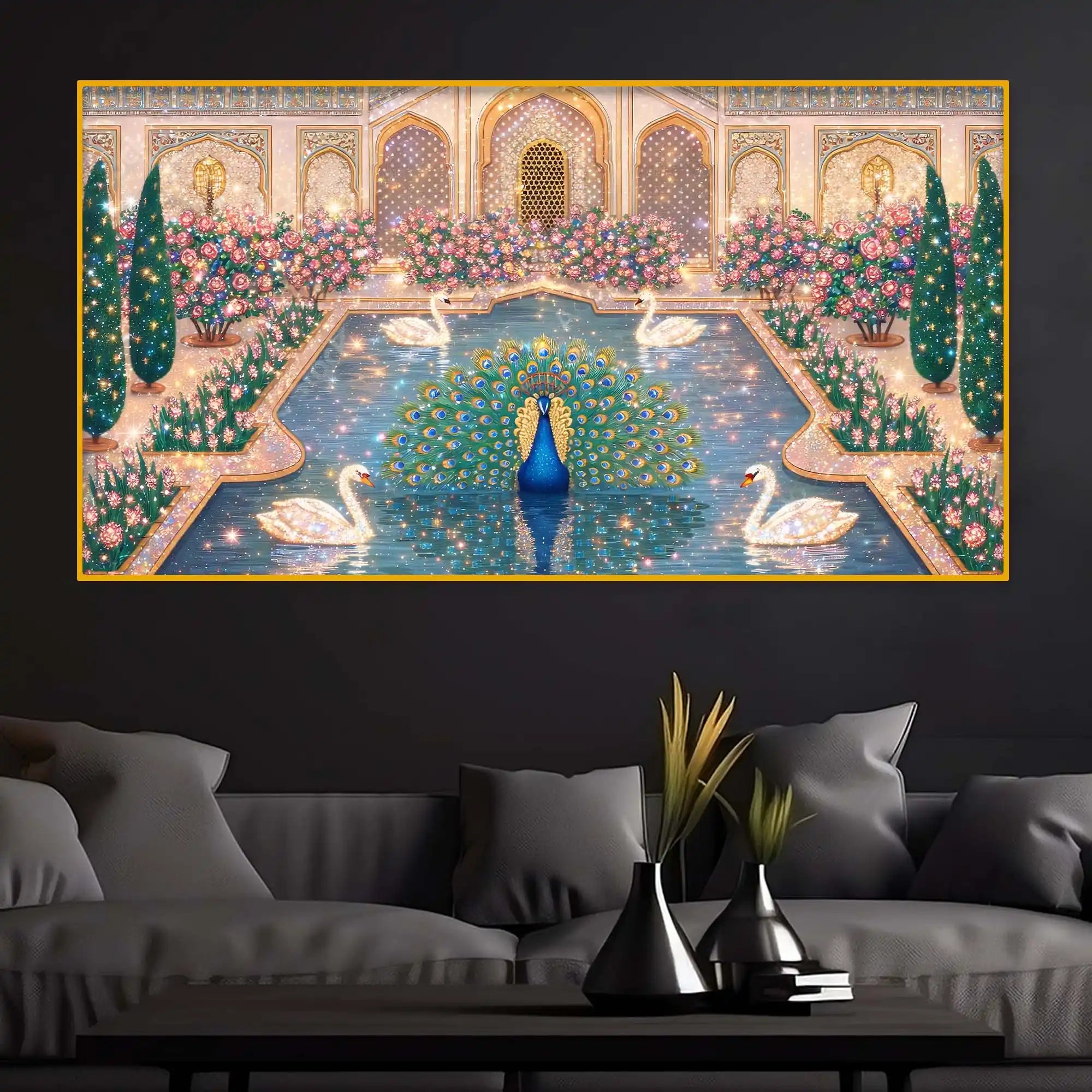 Luxury Indian Royal Palace Peacock Artwork Crystal Glass Wall Painting for Home Decoration