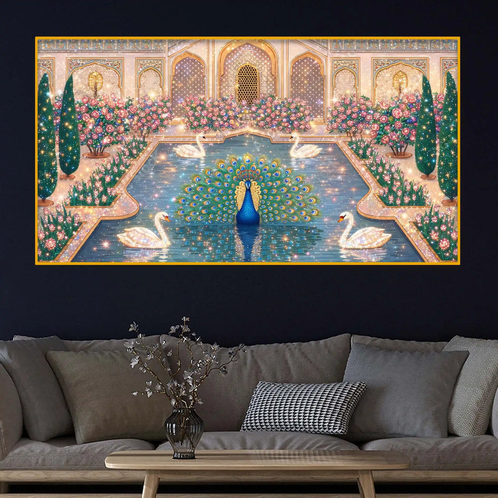 Luxury Indian Royal Palace Peacock Artwork Crystal Glass Wall Painting for Home Decoration