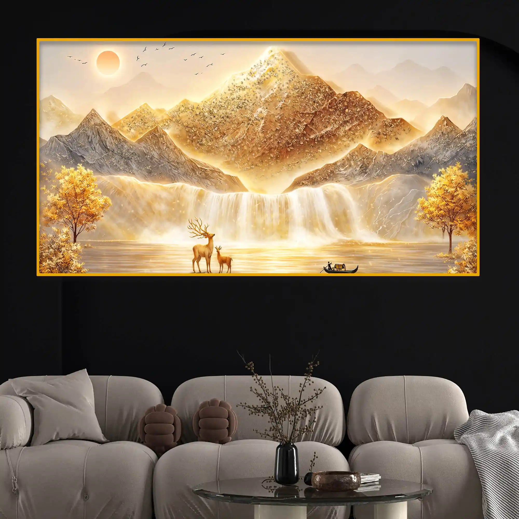 Luxury Mountain Waterfall Crystal Glass Wall Painting