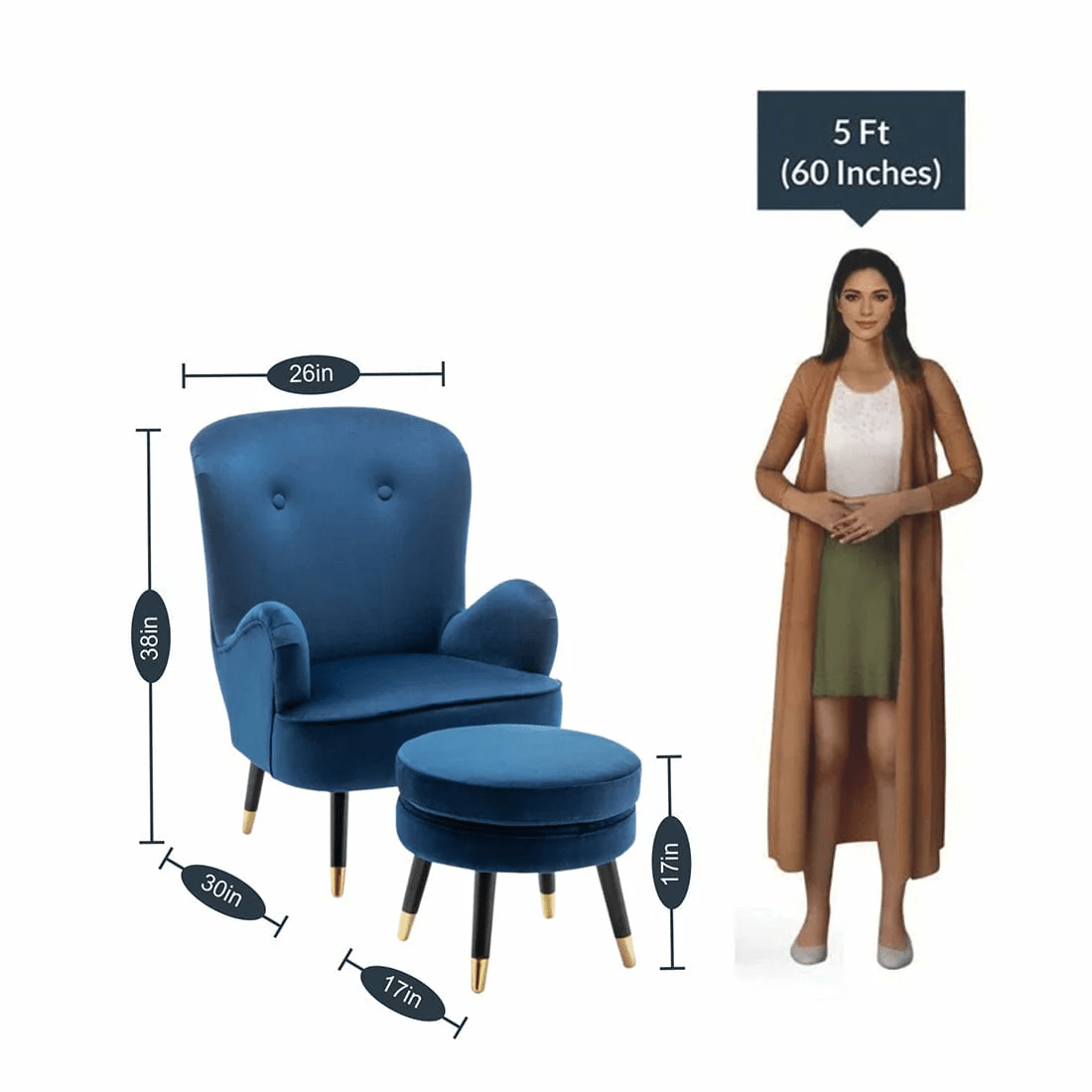Luxury Navy Blue Comfy Velvet Lounge Chair with Ottoman - Decor Smart