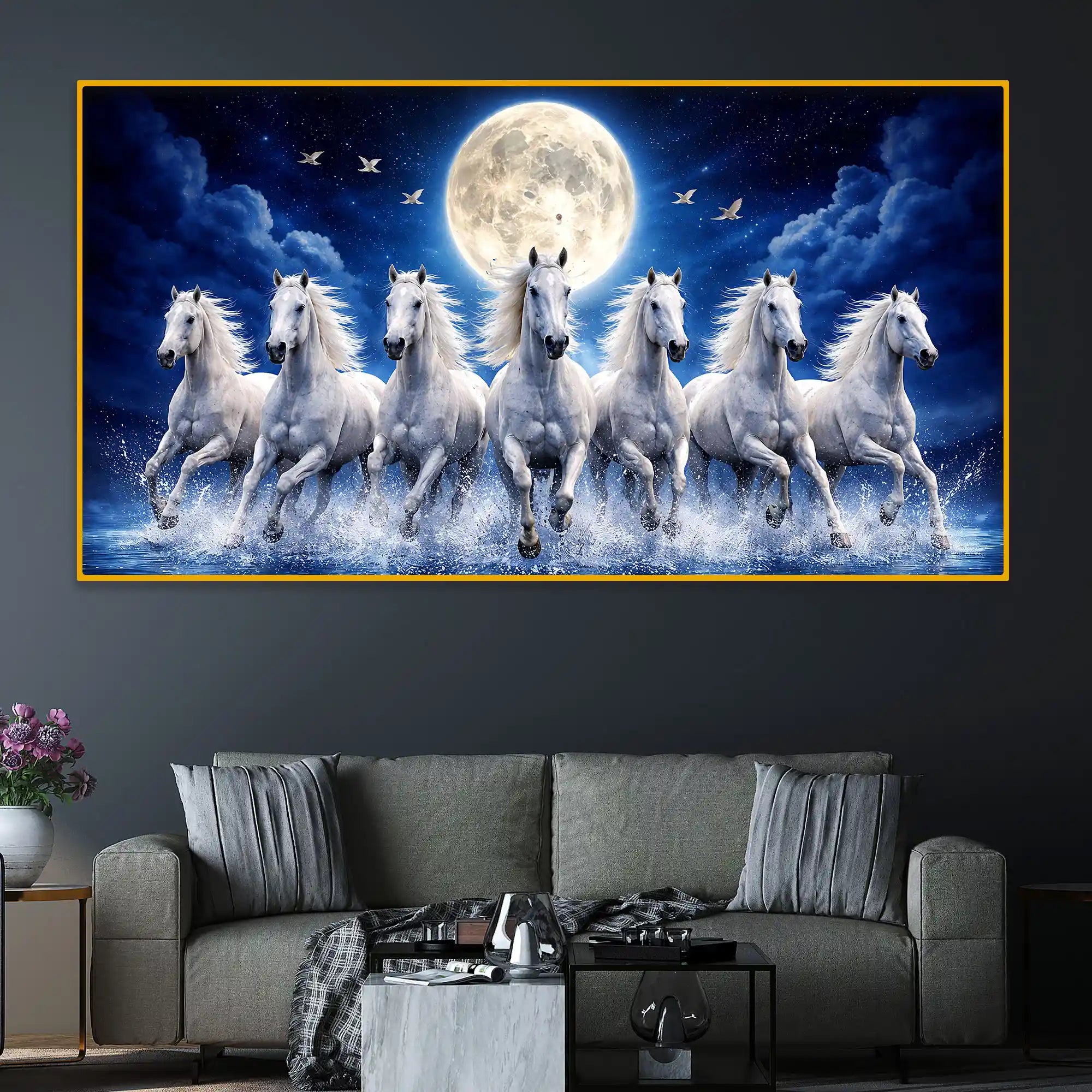 Luxury Running White Horses Crystal Glass Wall Painting