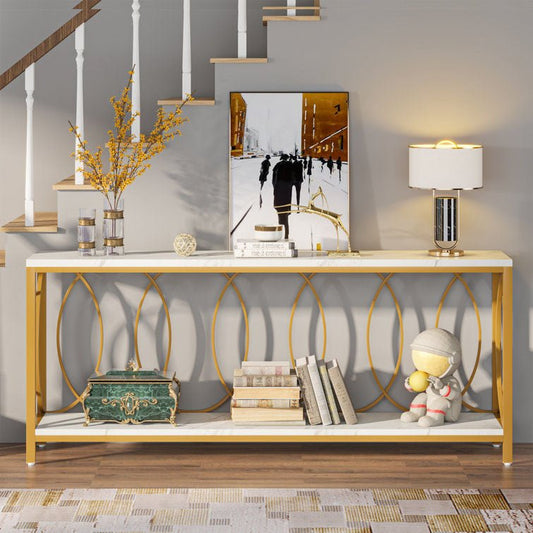 Luxury Style White Faux Marble Two Tier Console Table - Decor Smart
