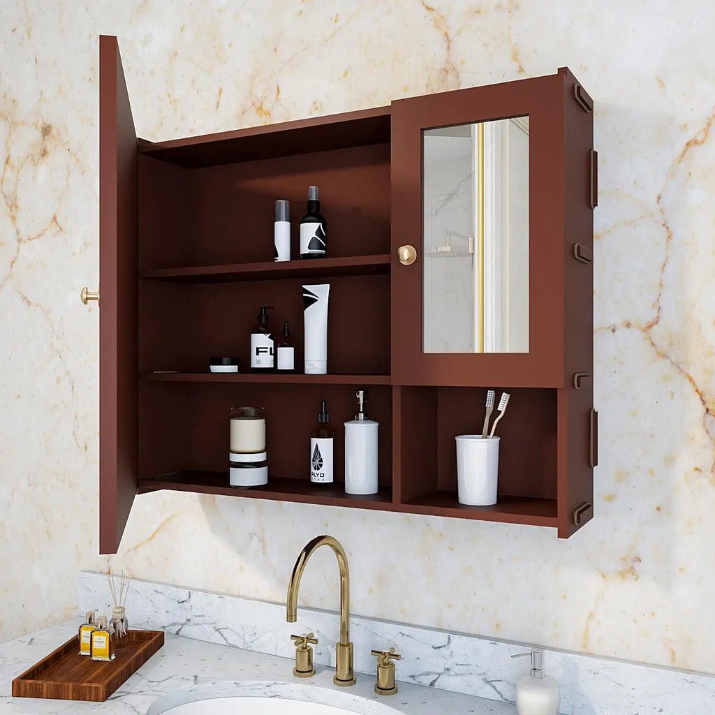Luxury Stylish Wooden Bathroom Storage Cabinet with Mirrors & 5 Spacious Shelves with Brown Finish - Decor Smart