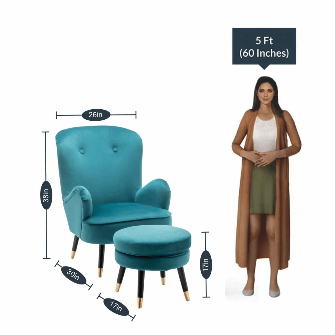 Luxury Turquoise Comfy Velvet Lounge Chair with Ottoman - Decor Smart