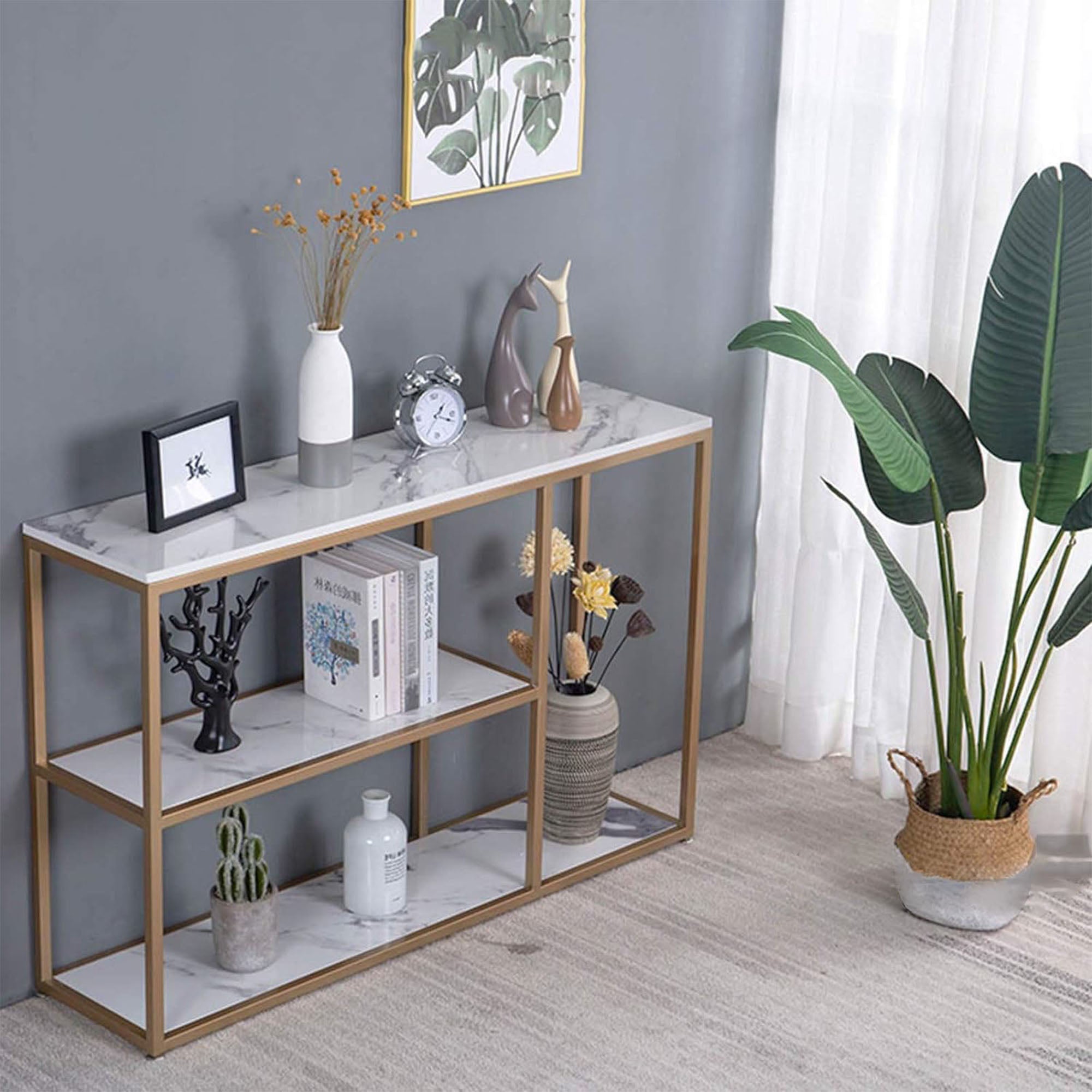 Luxury White Faux Marble Golden Finish Console Table - Decor Smart