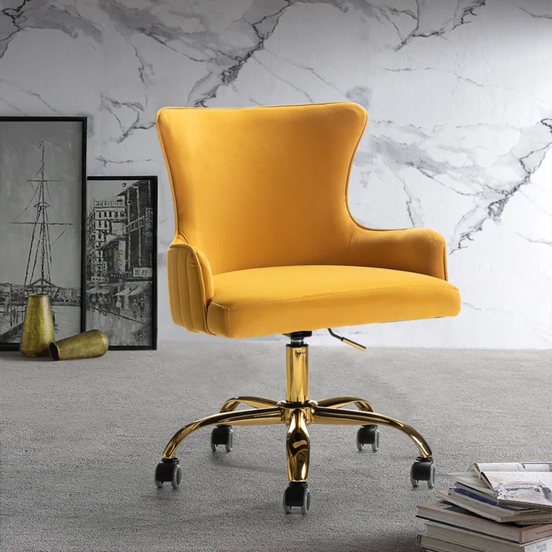 Luxury Yellow Velvet Comfy Armchair with Golden Base - Decor Smart