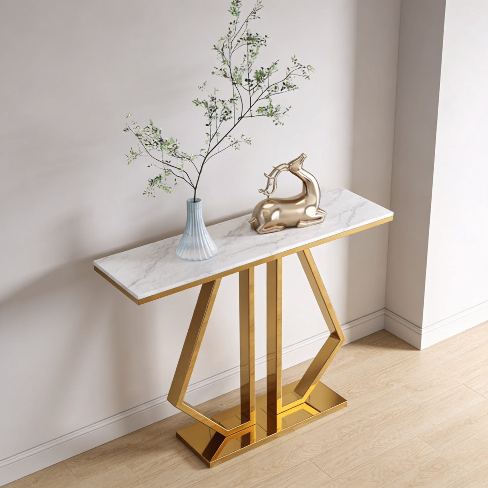 Modern Marble Console Featuring Bold Angular Gold Base with Artistic Flair