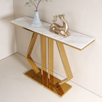 Modern Marble Console Featuring Bold Angular Gold Base with Artistic Flair