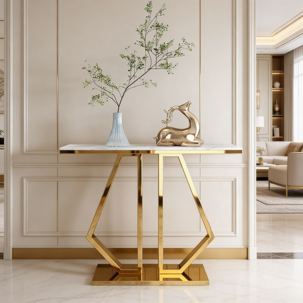 Modern Marble Console Featuring Bold Angular Gold Base with Artistic Flair