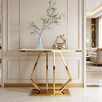 Modern Marble Console Featuring Bold Angular Gold Base with Artistic Flair