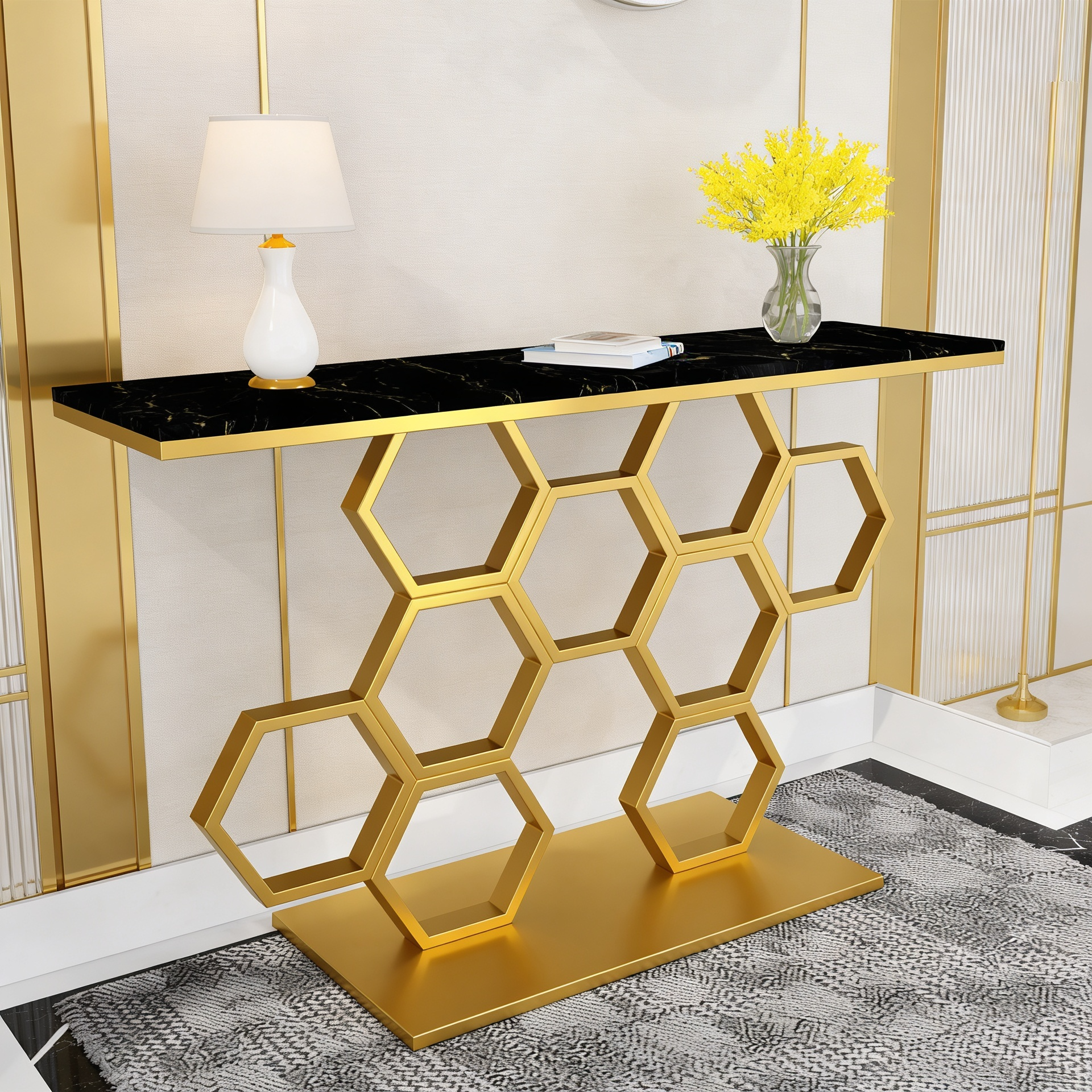 Honeycomb Motif Artistic Golden Finish Metal Console Table