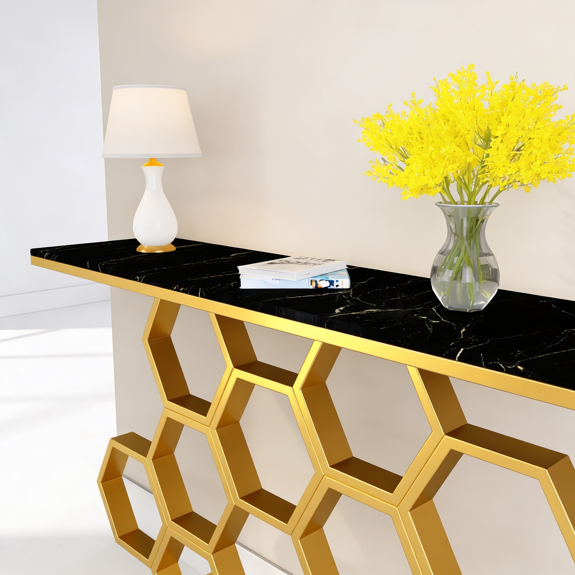 Honeycomb Motif Artistic Golden Finish Metal Console Table