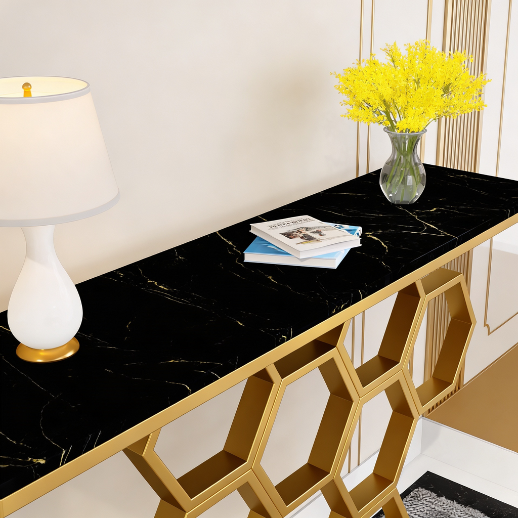Honeycomb Motif Artistic Golden Finish Metal Console Table