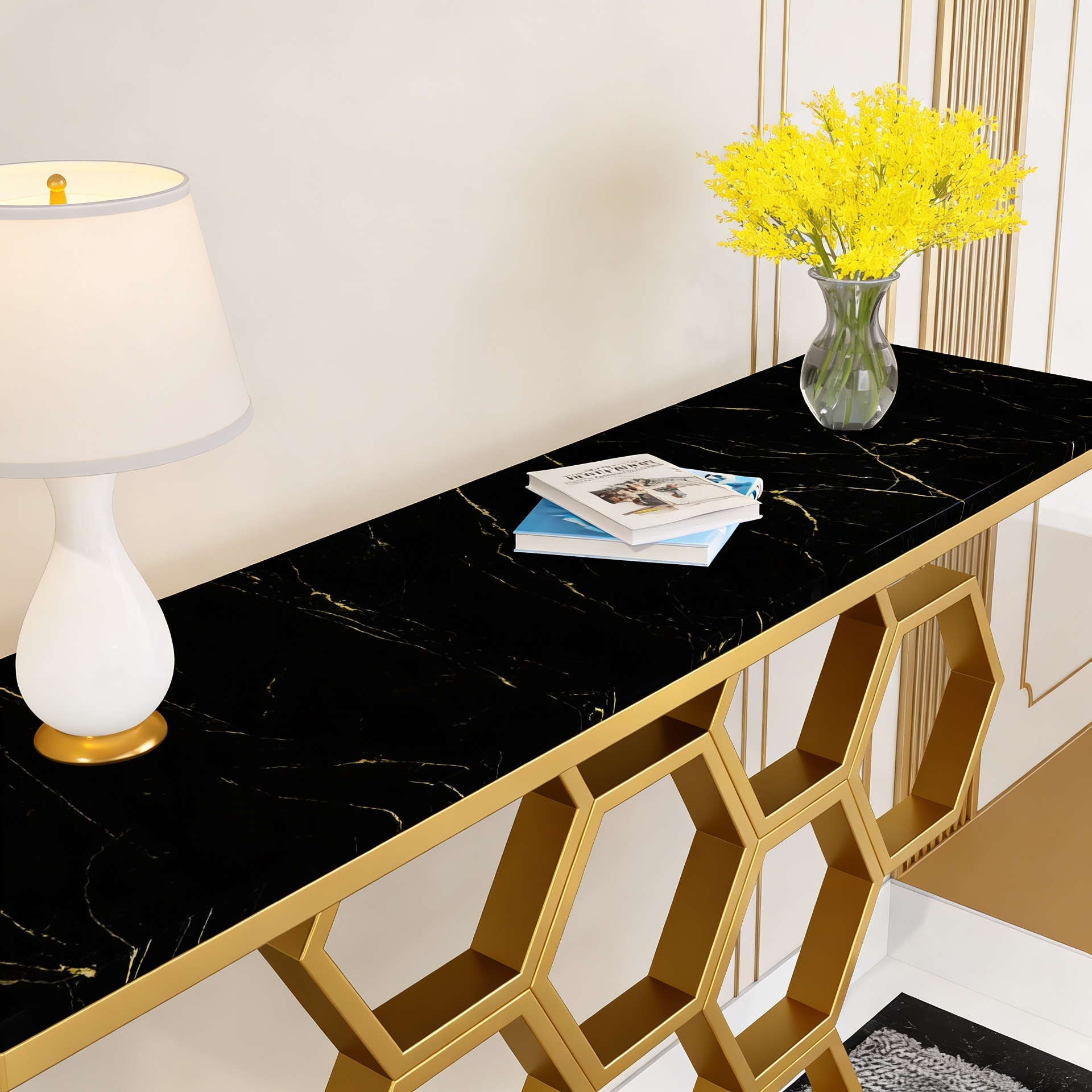Honeycomb Motif Artistic Golden Finish Metal Console Table