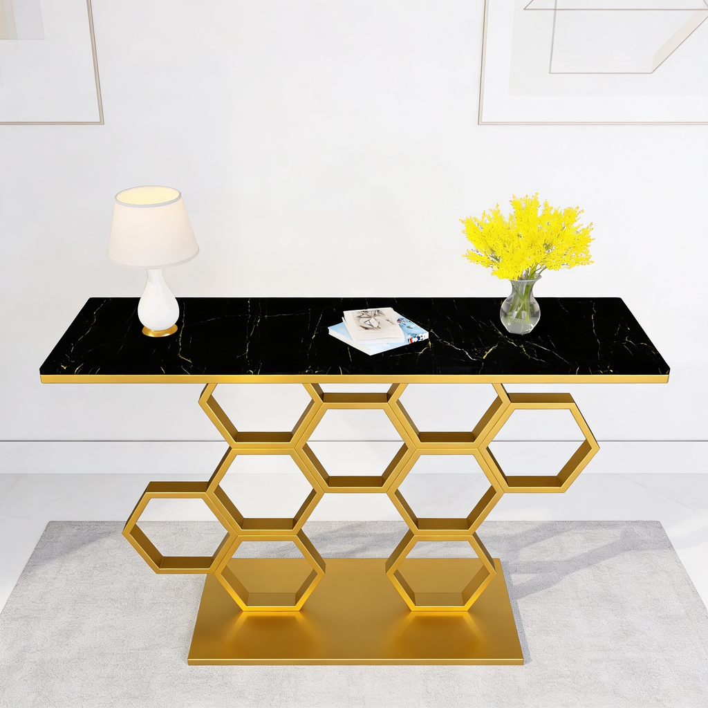 Honeycomb Motif Artistic Golden Finish Metal Console Table