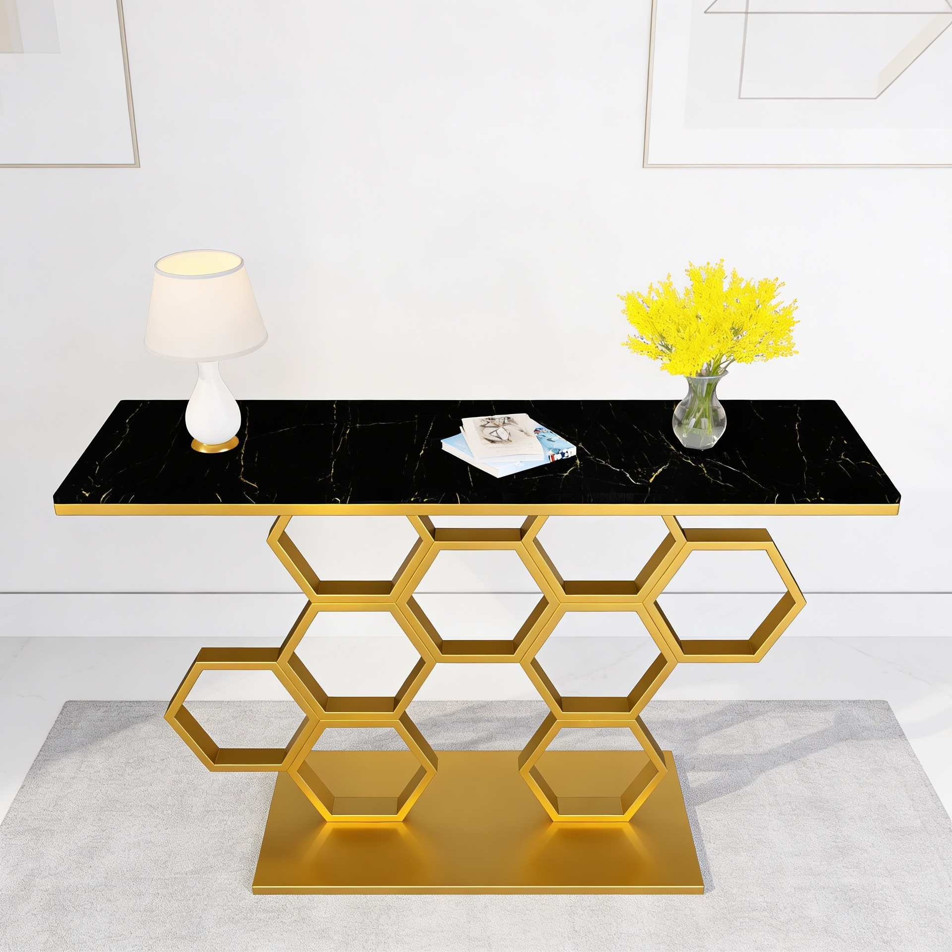 Honeycomb Motif Artistic Golden Finish Metal Console Table