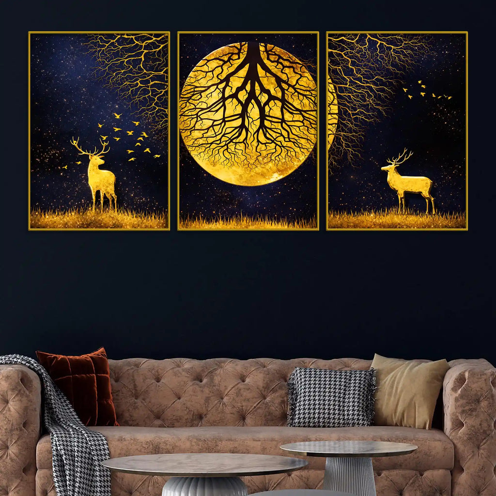 Majestic Golden Stag Under Moonlight Floating Frame Crystal Wall Painting Set of 3