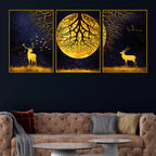 Majestic Golden Stag Under Moonlight Floating Frame Crystal Wall Painting Set of 3